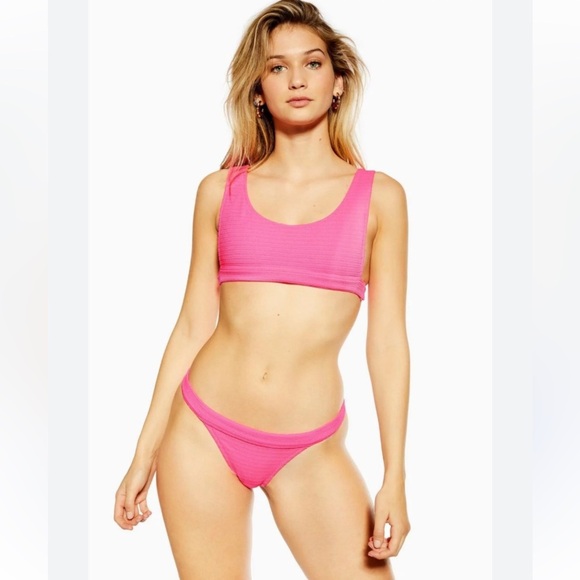 Topshop Ribbed Hot Pink Neon Summer Beachy Bikini Size 4 - Picture 1 of 5